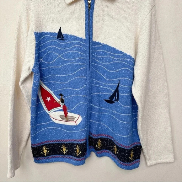 TANJAY Womens Medium Petite Sailboat Vintage Nautical Lady Embroidered Cardigan - Picture 6 of 16